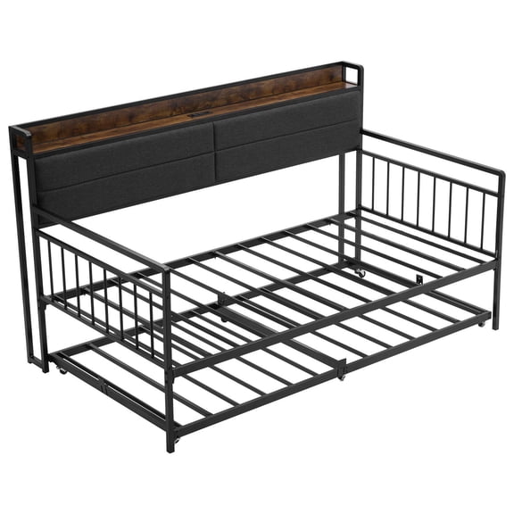 Twin Daybed Frame with Trundle & Charging Station, Metal Day Bed for Guest Room, 2-in-1 Multifunctional Twin Size Bed with USB Ports & Storage