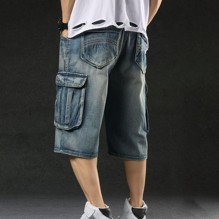Cxenplz Capri Pants Men's Summer Casual Denim Pants Flap Pockets