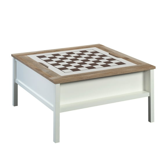 JERFIT 38 inch White Game Table with Storage Shelf, 2-in-1 Chess Board Coffee Table for Living Room, Coastal Style Engineered Wood Console Table with Checkers