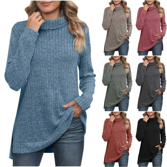 Miluxas Women's Long Sleeve Knitted Sweater Solid Color High Neck Long Sleeved Side Split Loose Pullover Tops Wine XL(XL)