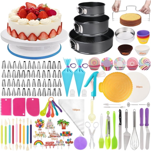 BSHAPPLUS® 452 Pcs Cake Decorating Supplies Set,Cupcake Decorating Supplies,Baking Supplies Tools,Piping Bags and Tips Set with Cake Turntable,Springform Pans,Icing Tips Pastry,Cake Scrapers