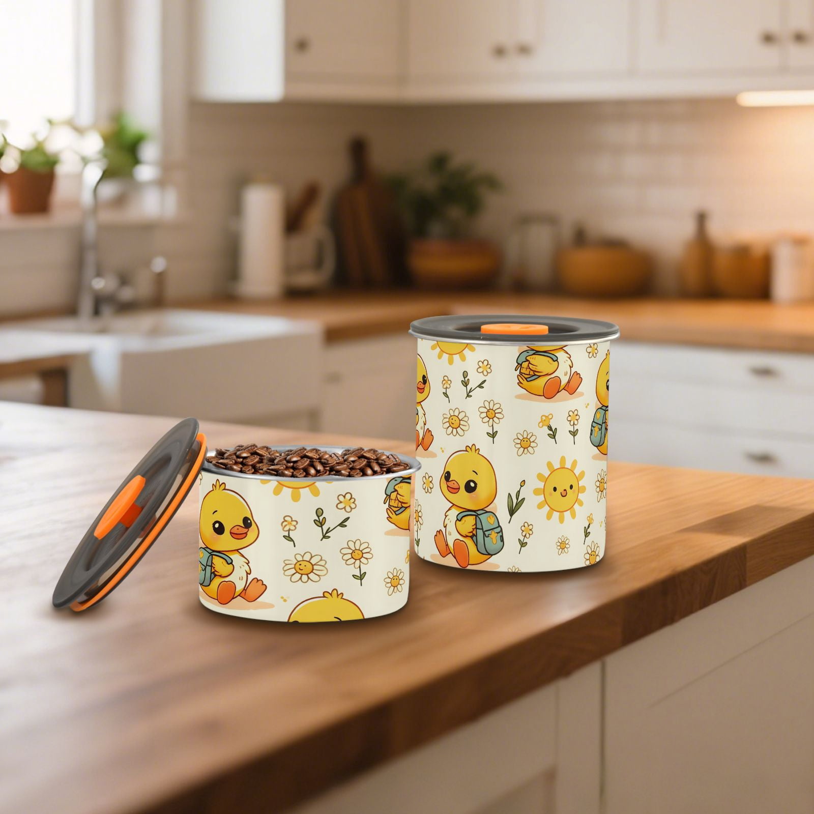 Cute Duck Daisy Flower Airtight Coffee Bean Canister 30oz Food Storage Containers with Lids For Gournd, Tea, Sugar, Flour, Rice, Cereal, Candy Cookie Jar