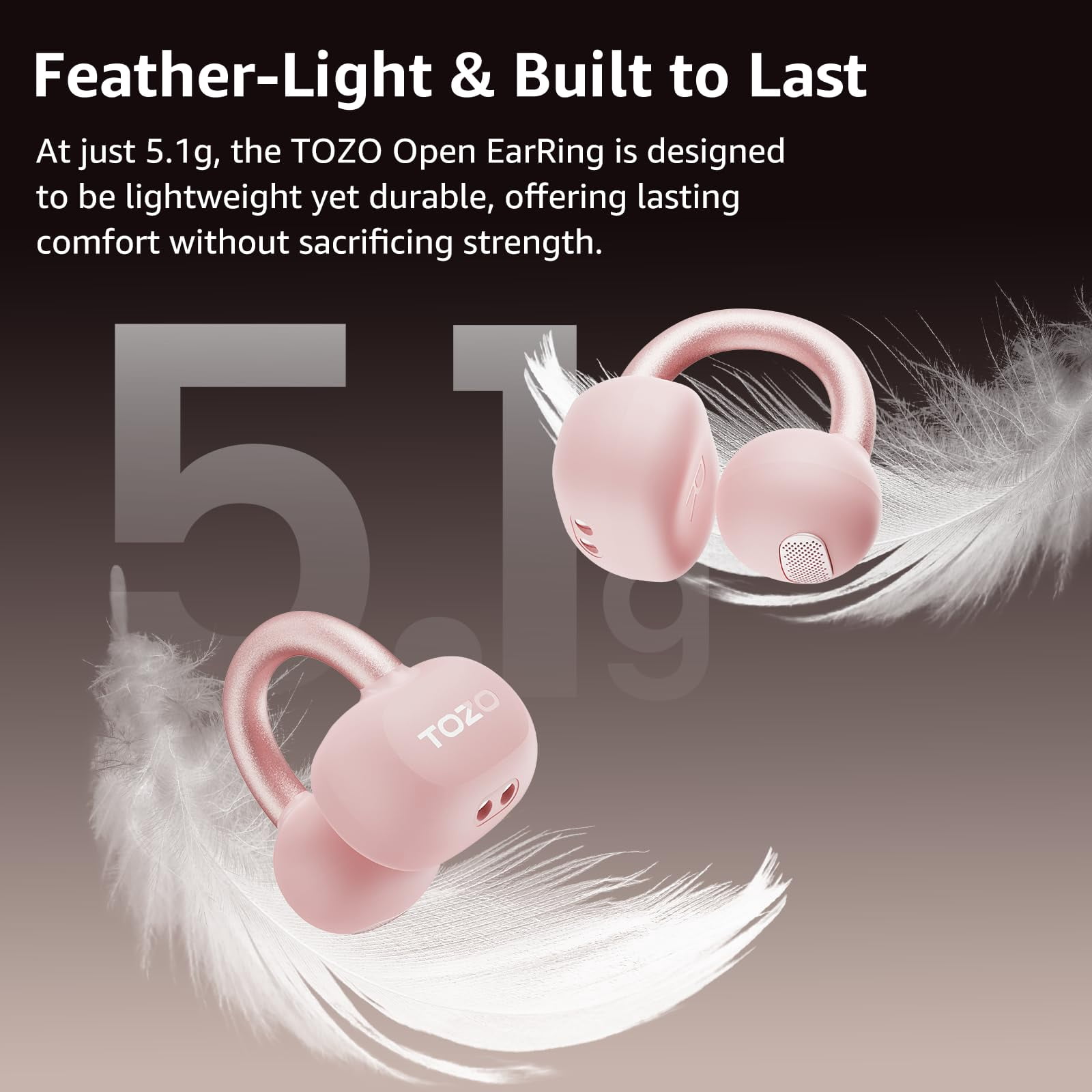 TOZO OpenEarRing True Open Ear Earbuds, Lightweight Comfort Open Ear Clip Wireless Earbuds, 40H Play Bluetooth 5.4 Headphones with Smart Digital Display Design Fit Sports Running, Workout Pink