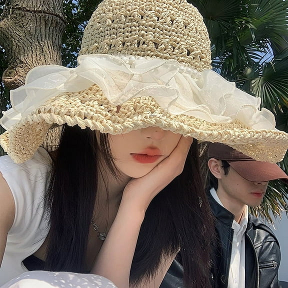 SikaFu Lace Grass Woven Sun Hat For Women In Summer, Breathable Large Brimmed Beach Vacation Straw Hat, Full Face Sun Shading And Sun Protection Hat