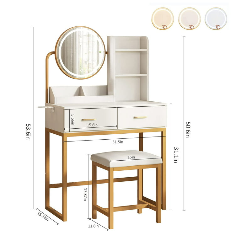 Veanerwood Makeup Vanity Desk with Lights and Round Mirror, Bedroom Vanity  Dressing Table Set with Drawers, Hair Rack, Modern, 31.5in, White & Gold 