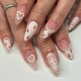 thumbnail image 5 of Soft Pink and White Strawberry Heart Press on Nails, Medium Almond Glossy Fake Nails with Pearl Accents & Plaid Pattern, 24 Count, 5 of 7