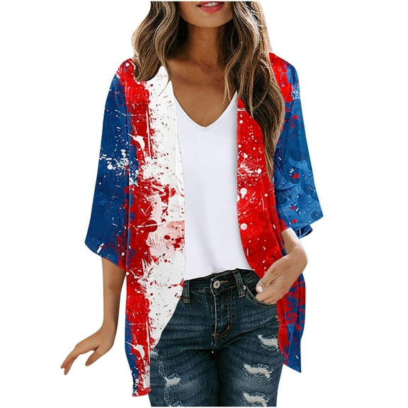 Women's American Flag Kimono Cover up Lightweight Indepandence Day Patriotic Shawl Cardigan Loose Open Front Kimono Tops on Clearanc