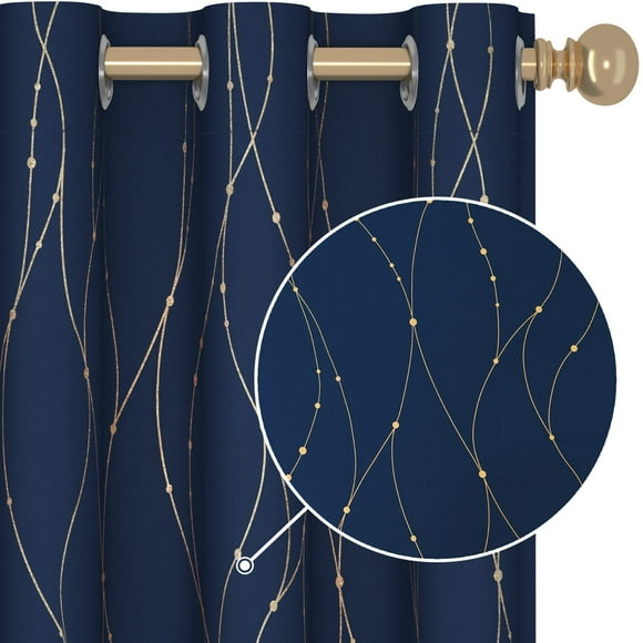 Deconovo Window Curtains for Bedroom 63 inch - Blackout Noise Reducing Drapes for Kids Room, Grommet Curtains with Gold Printed (42W x 63L Inch, Navy Blue, 2 Panels)