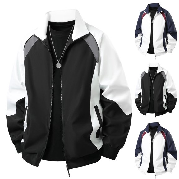 RongHuan Men's Fashion Jacket Big and Tall Zip Up Color Block Windbreaker Jackets Fall Winter Coats Long Sleeve Streetwear