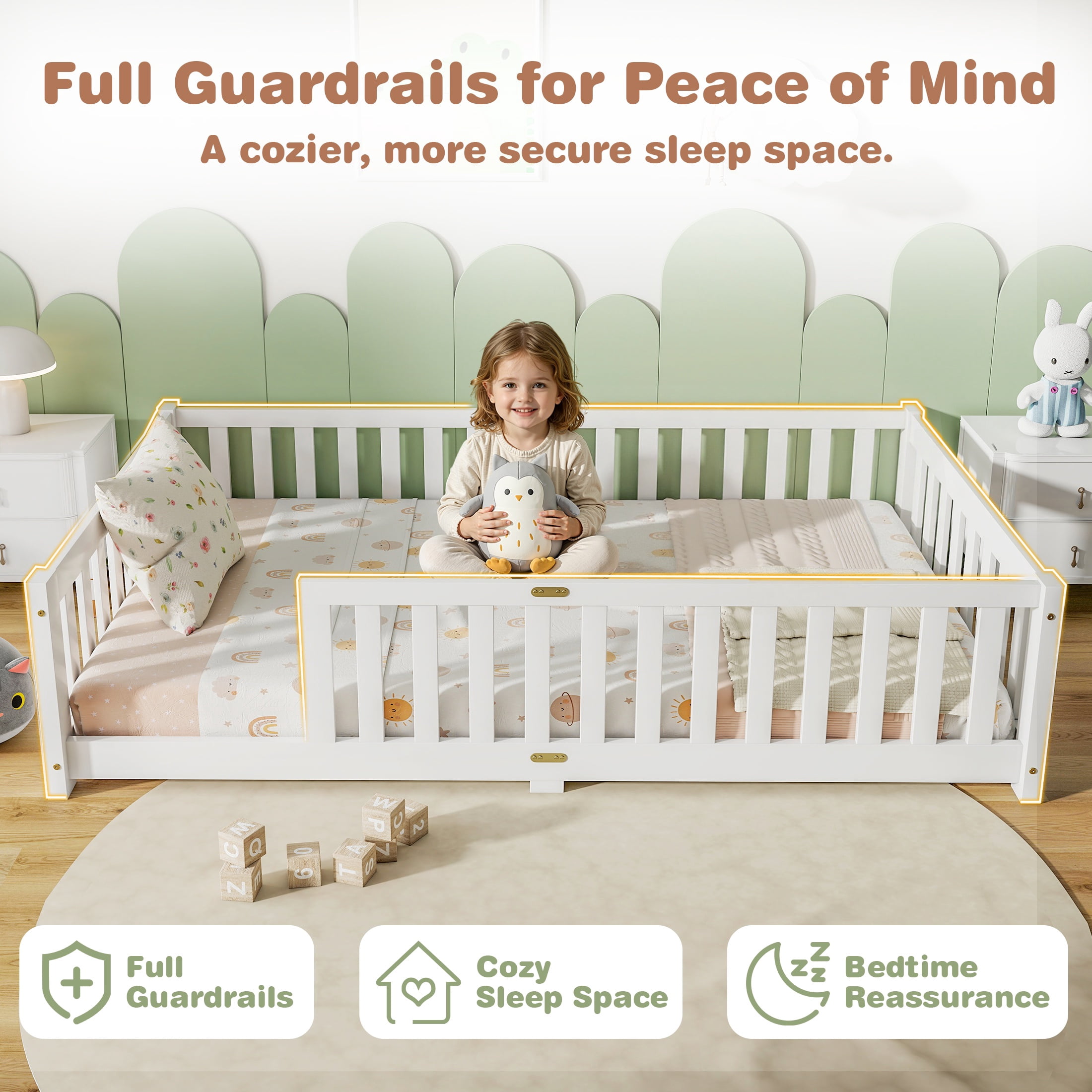 Sesslife Twin Montessori Floor Bed, Wood Twin Size Floor Bed Frame with Safety Guardrails and Slats, Low Profile Toddler Bed for Kids Boys and Girls, No Box Spring Needed, White