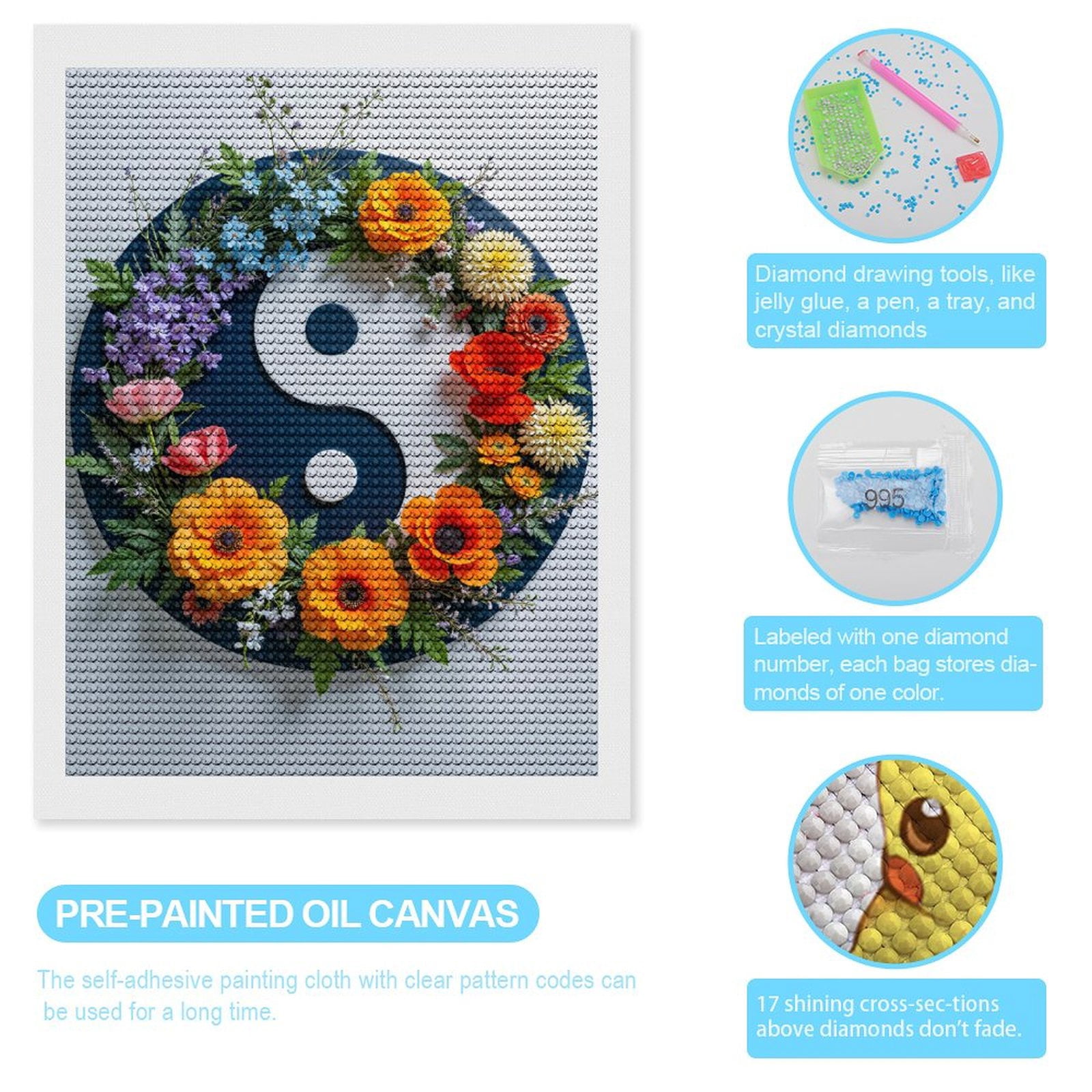 Diamond Art Kits for Adults, Balance Floral Yin Yang Display 5D Diamond Painting Kits for Adults Beginners, DIY Full Drill Diamond Painting, Gem Art and Crafts 12x16