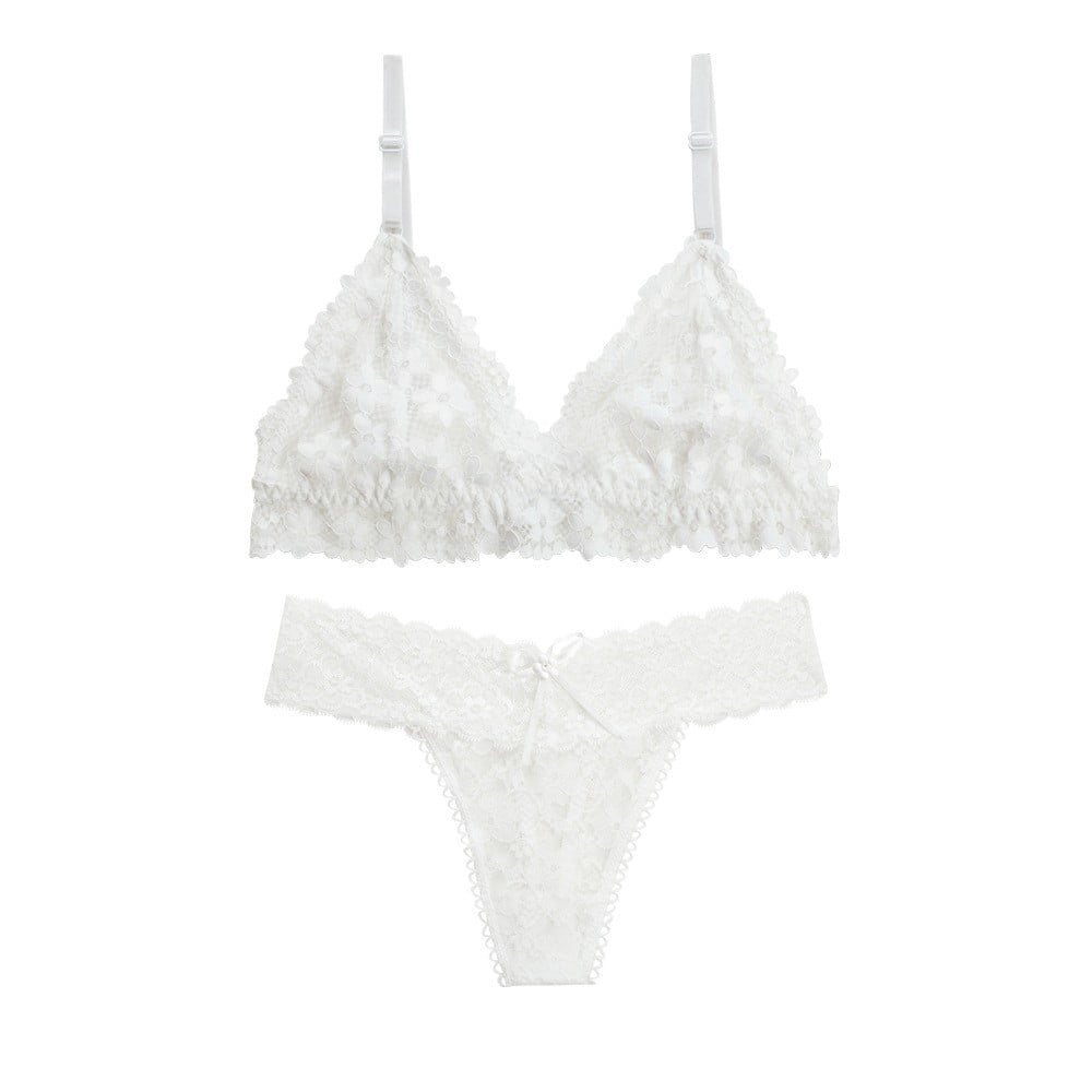 ALSLIAO Womens Push Up Lace Bra Set Sexy Lingerie Bikini G-String Thong  Underwear White M 