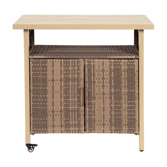Pellebant Outdoor Wicker Bar Cart – Beige Rolling Rattan Serving Cart with Wheels, 2 Swivel Casters & Brakes, Steel Frame Patio Wine Table for Backyard, Garden, Poolside, and Party Entertaining