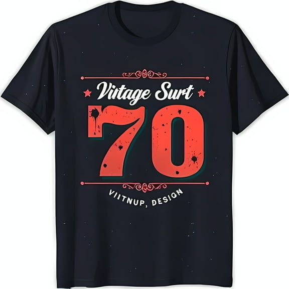 Vintage Surf Graphic Black T-Shirt with Bold Red '70' Design & Green Outline