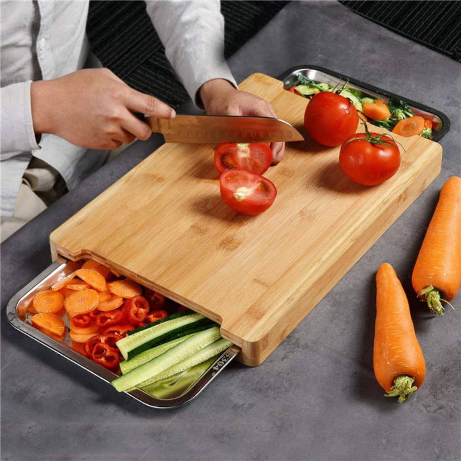 Cutting Board with Drawer, Multi-Functional Kitchen Chopping Board for Bread Cheese Vegetables and Fruits, Space-Saving Countertop Organizer for Home Cooking and Meal Prep