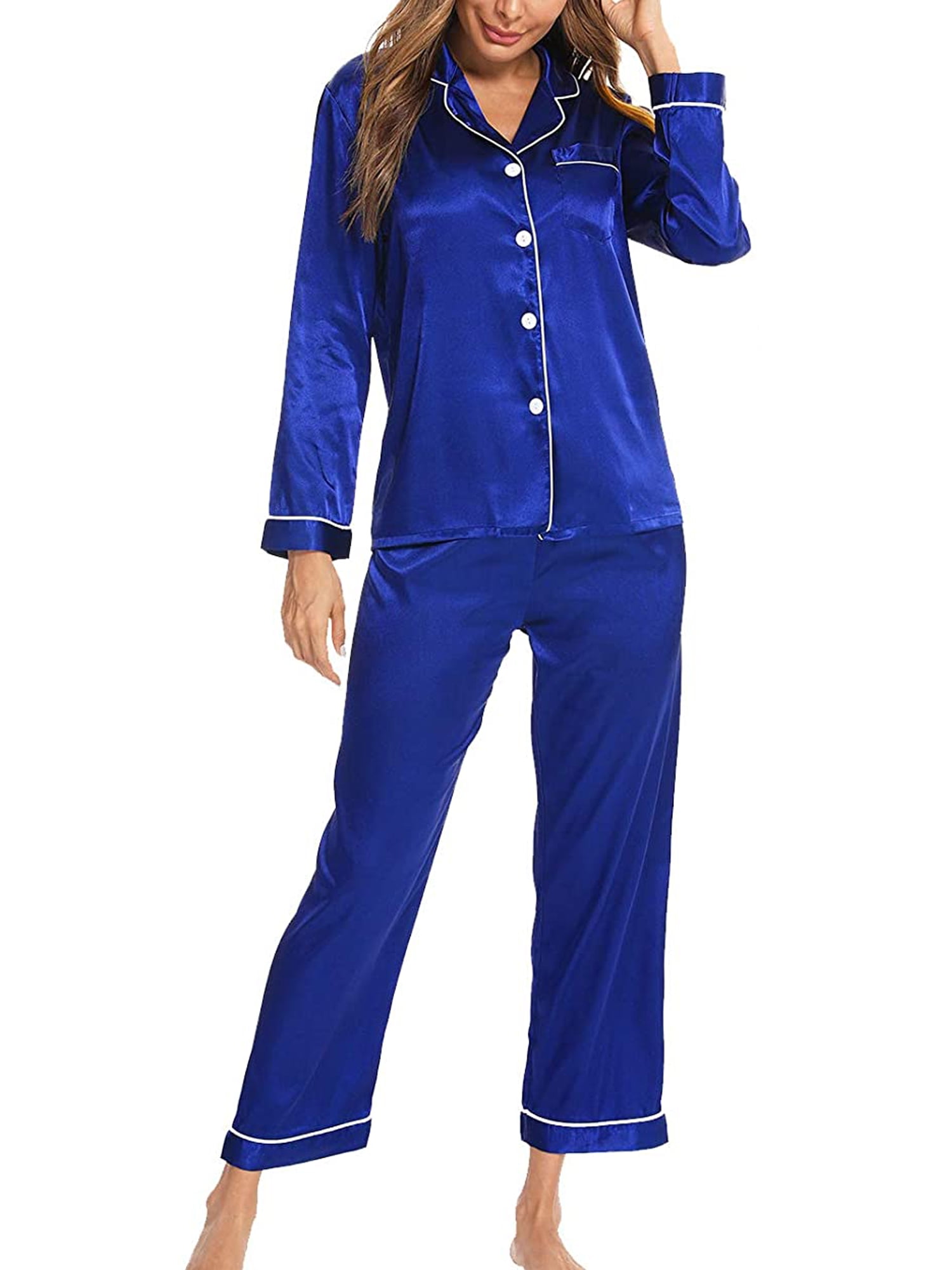 Lazybaby Womens Silky Satin Pajamas Long Sleeve Loungewear Two-piece ...