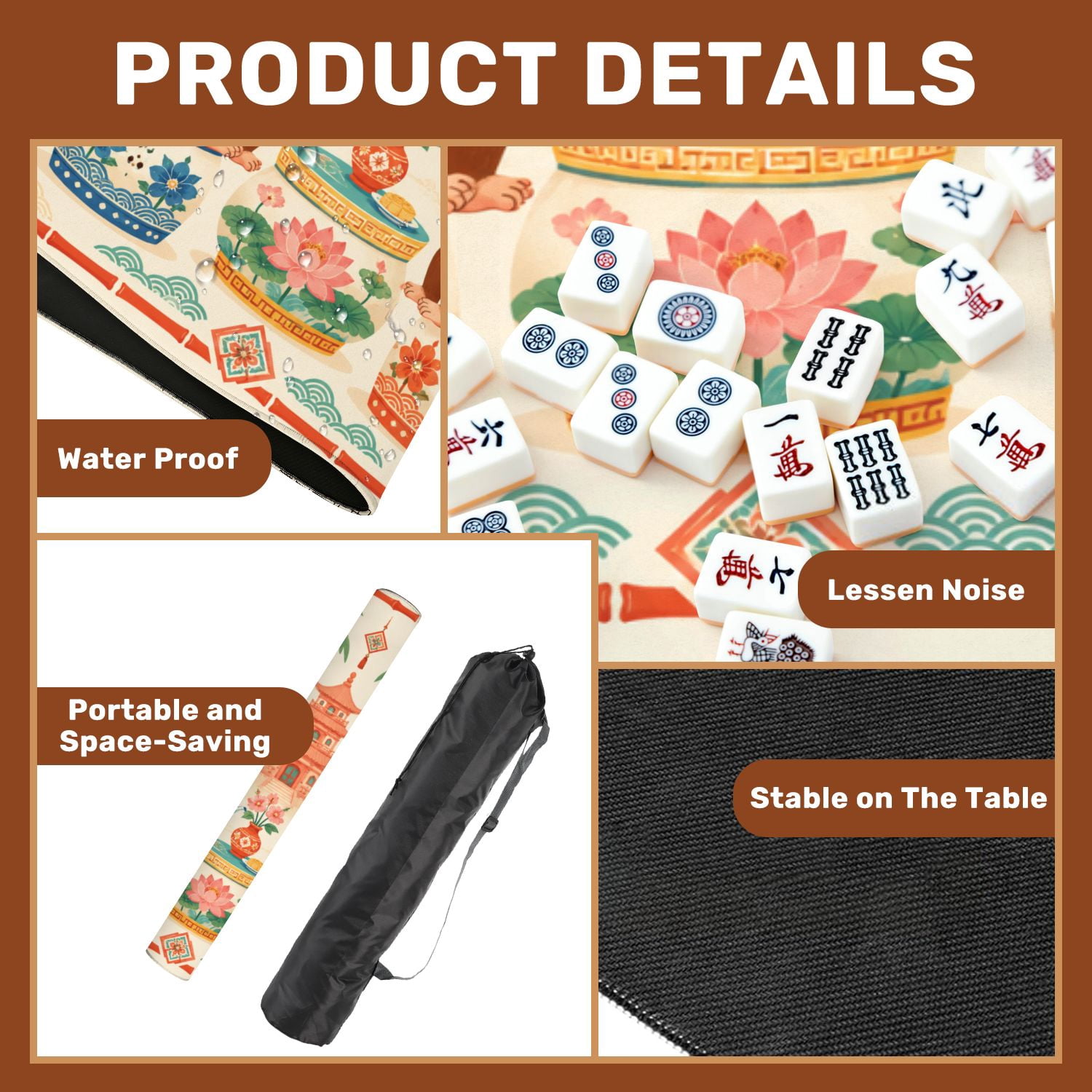 Mahjong Mat 31.5" x 31.5" Whimsical Monkeys Tea Party Oriental Garden Pink Pagoda Palm Trees Non-Slip Noise Reduction Chic Portable Gaming Table Cover for Family Game Night & Gift