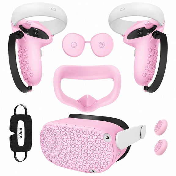 Accessories for Oculus Quest 2, including face pads, controller lens covers, VR silicone cases, VR shells, joysticks, and a 5-piece disposable goggle set for Moeta Quest 2.