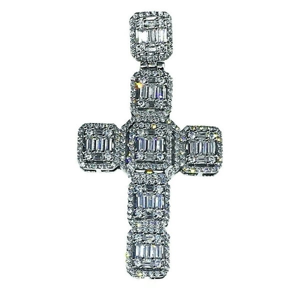 Solid 925 Sterling Silver Cross Pendant CZ Baguettes Hip Hop Charm Small