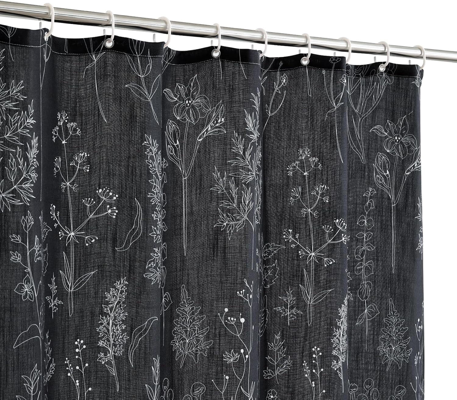 Vintage Botanical Linen Shower Curtain for Bathroom in Black and White, Heavy Duty 180GSM Textured Fabric Shower Curtain Set Cute Plant Leaves Design, Modern Farmhosue Boho Floral Bathroom Decor