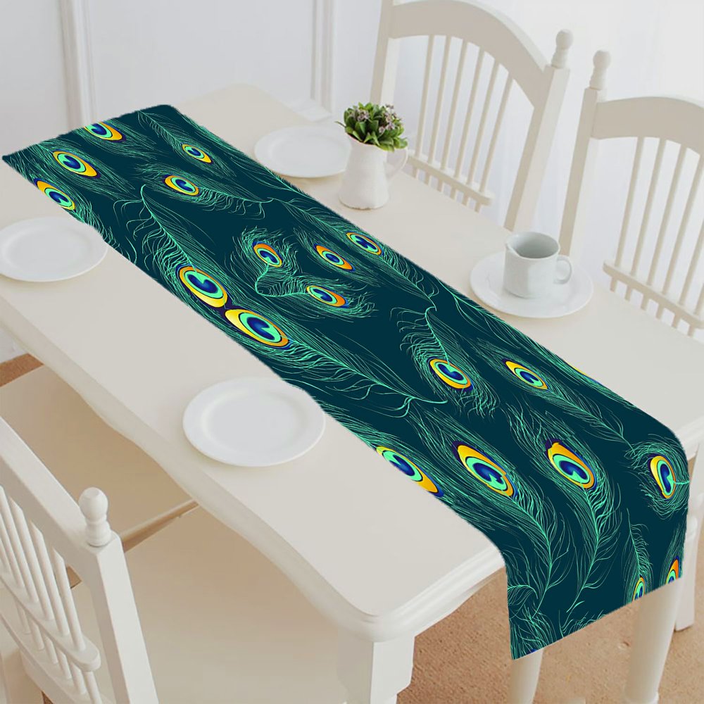ABPHQTO Blue Green Peacock Feathers Table Runner Placemat Tablecloth