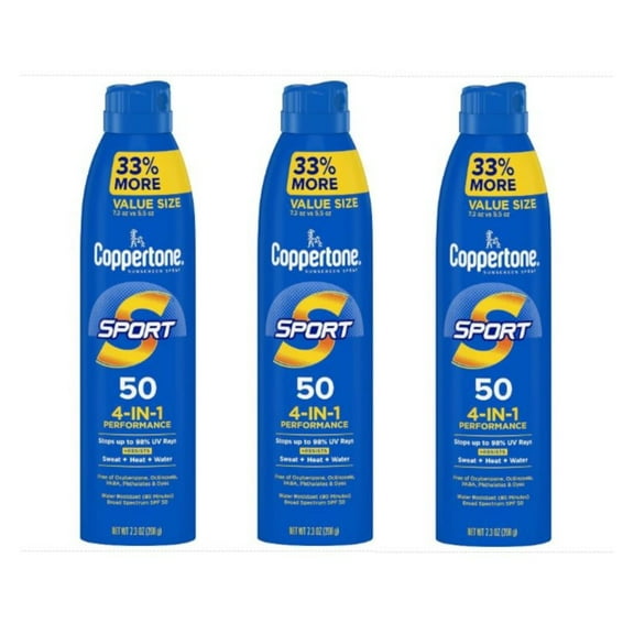 Coppertone Sport Sunscreen Spray, Broad Spectrum SPF 50 Water Resistant Spray Sunscreen, 7.3Oz, Pack of 3