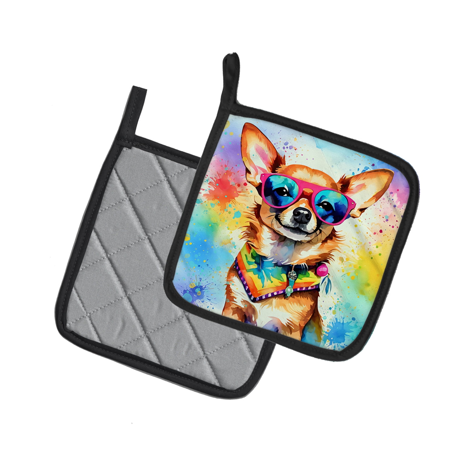 Chihuahua Hippie Dawg Pair of Pot Holders 7.5 in x 7.5 in