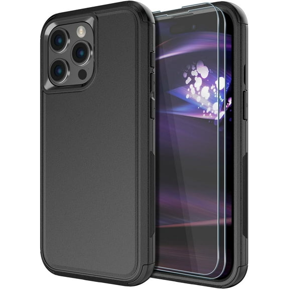 for iPhone 15 Pro Max Case [Shockproof] [Dropproof] [Tempered Glass Screen Protector ],Heavy Duty Protection Phone Case Cover for Apple iPhone 15 pro max 6.7 inch (Black -3in1)