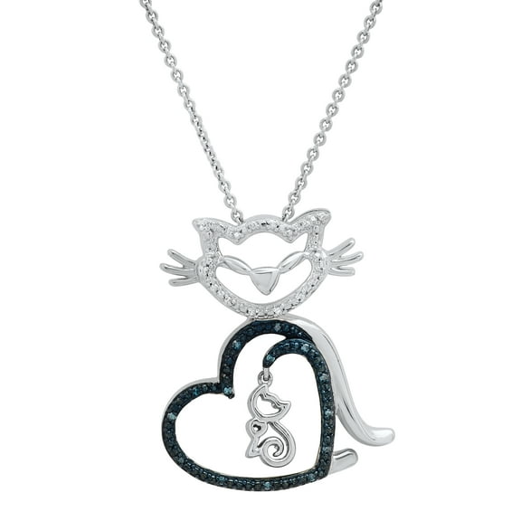 Dazzlingrock Collection 0.08 Carat (ctw) Round Blue & White Diamond Heart Shape Cat and Kitten Pendant for Women with 18 Inch Silver Chain in 925 Sterling Silver
