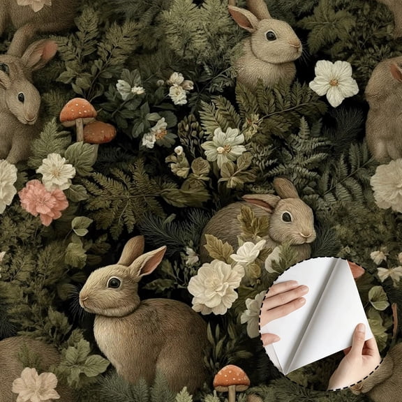Cute Forest Rabbit Fern Floral Wallpaper Vintage Rustic Farmhouse Peel and Stick Waterproof Wallpaper Home Decor for Living Room Bedroom Dorm Room Kitchen Cabinet Drawer 17.7 * 118 in