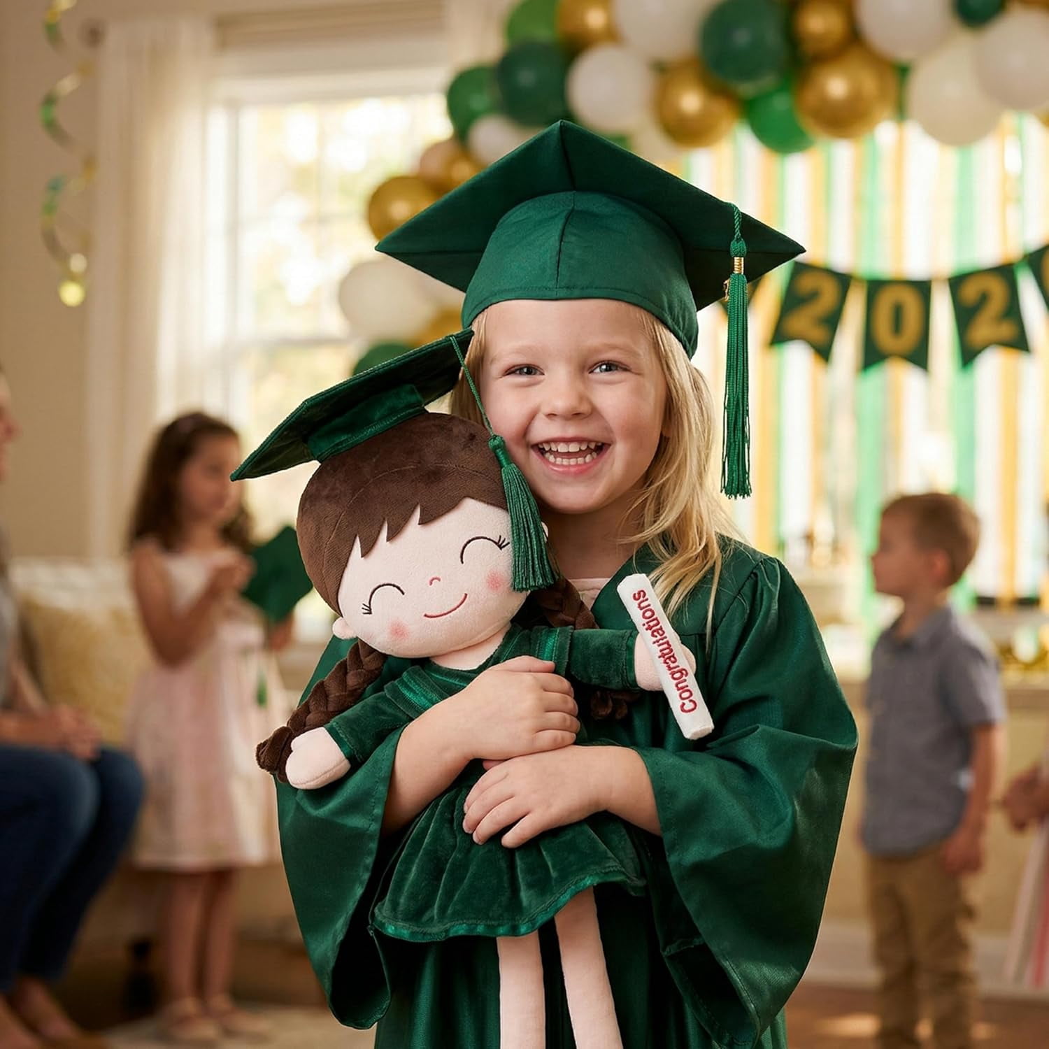 Gloveleya 16" Dark Green Graduation Doll - Elegant Plush Scholar Doll with Cap & Gown - Kindergarten Graduation Keepsake, Class of 2026 Achievement Gift