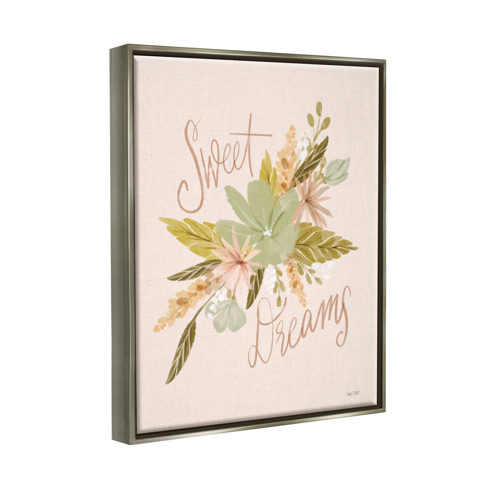 Stupell Industries Sweet Dreams Floral Phrase Botanical & Floral Painting Gray Floater Framed Art Print Wall Art, 17 x 21