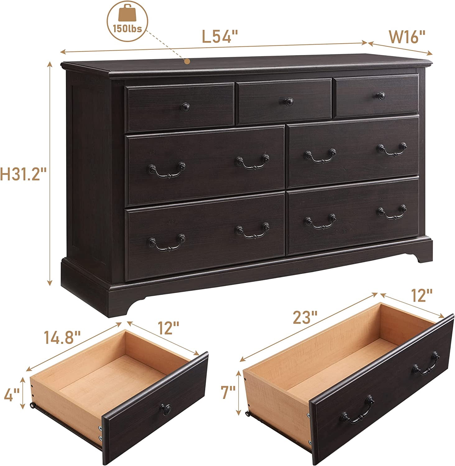 OKD 7 Drawers Dresser for Bedroom, Farmhouse Wooden Wide Chest of Drawers, Closet Clothes Storage Organizer for Bedroom, Living Room, Espresso