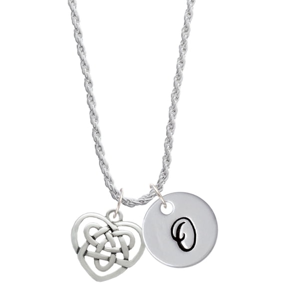 Delight Jewelry Silvertone Celtic Knot Heart Silvertone Script Initial Disc - O - Charm Necklace, 20"+3"