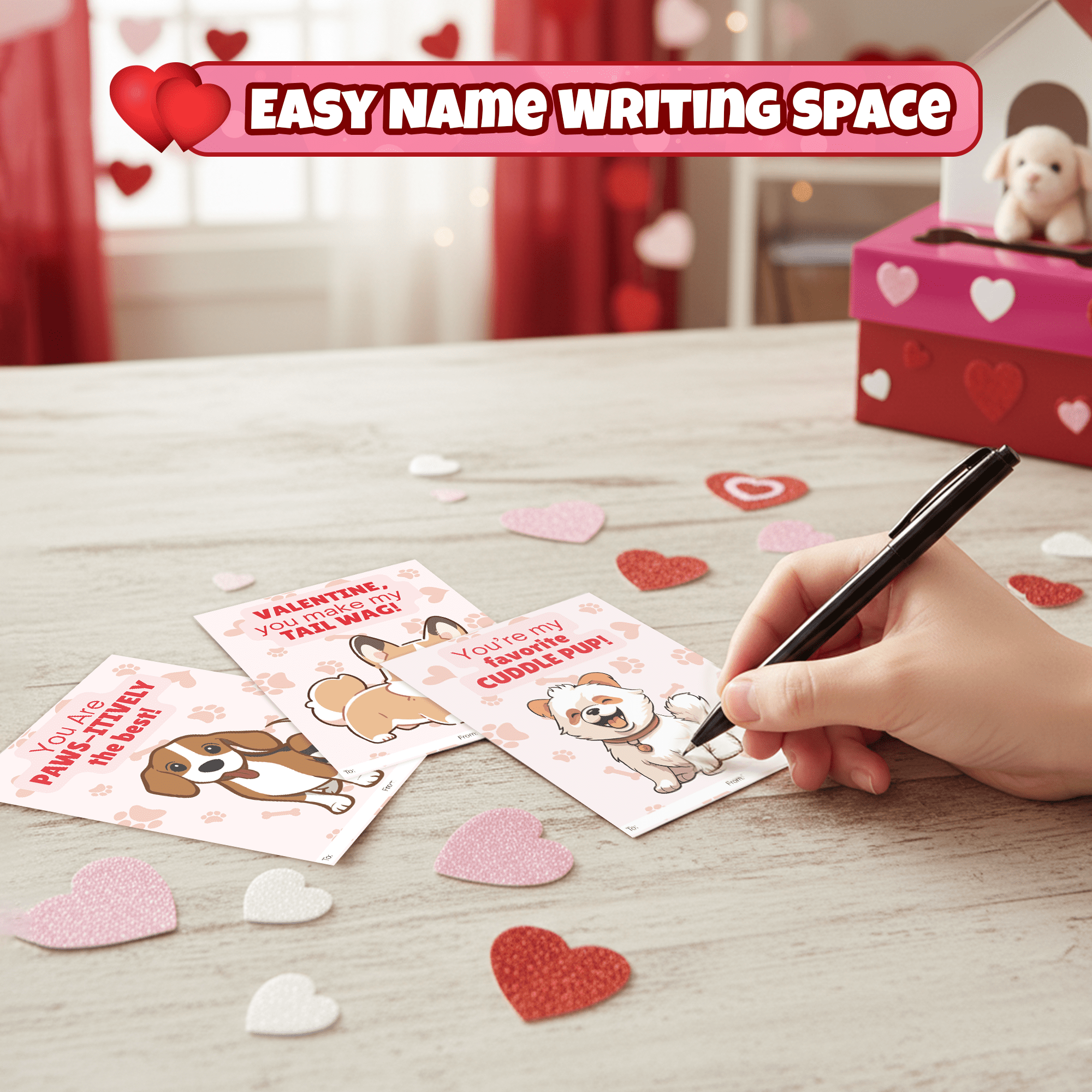 4E's Novelty 32-Piece Valentines Day Box and Cards for Kids, DIY Puppy Mailbox Craft Kit, Classroom Exchange, Includes Teacher Card and Heart Decorations