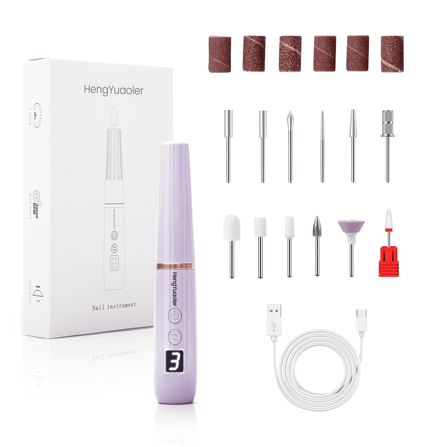 New Design Purple Electric Nail Polisher Professional Nail Drill Kit, Portable Electric File with 12 Attachments and 6 Sanding Belts, 35000 RPM Portable USB Rechargeable