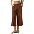 thumbnail image 2 of Women's Cotton Blend High Waisted Wide Leg Capri Pants,Casual Cropped Trousers with Pockets for Summer Wear,Brown,Women's Capri XL, 2 of 7
