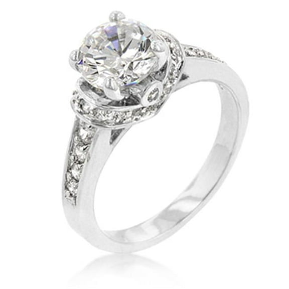 Kate Bissett Genuine Rhodium Plated Engagement Ring with Prong Set Clear CZ Centerstone and Accent Stones in Silvertone - Size 8
