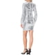 thumbnail image 3 of Vestido de lentejuelas para mujer Inspire Chic, con mangas de farol, cuello redondo, ajustado, mini vestido, color plateado, 3 of 6