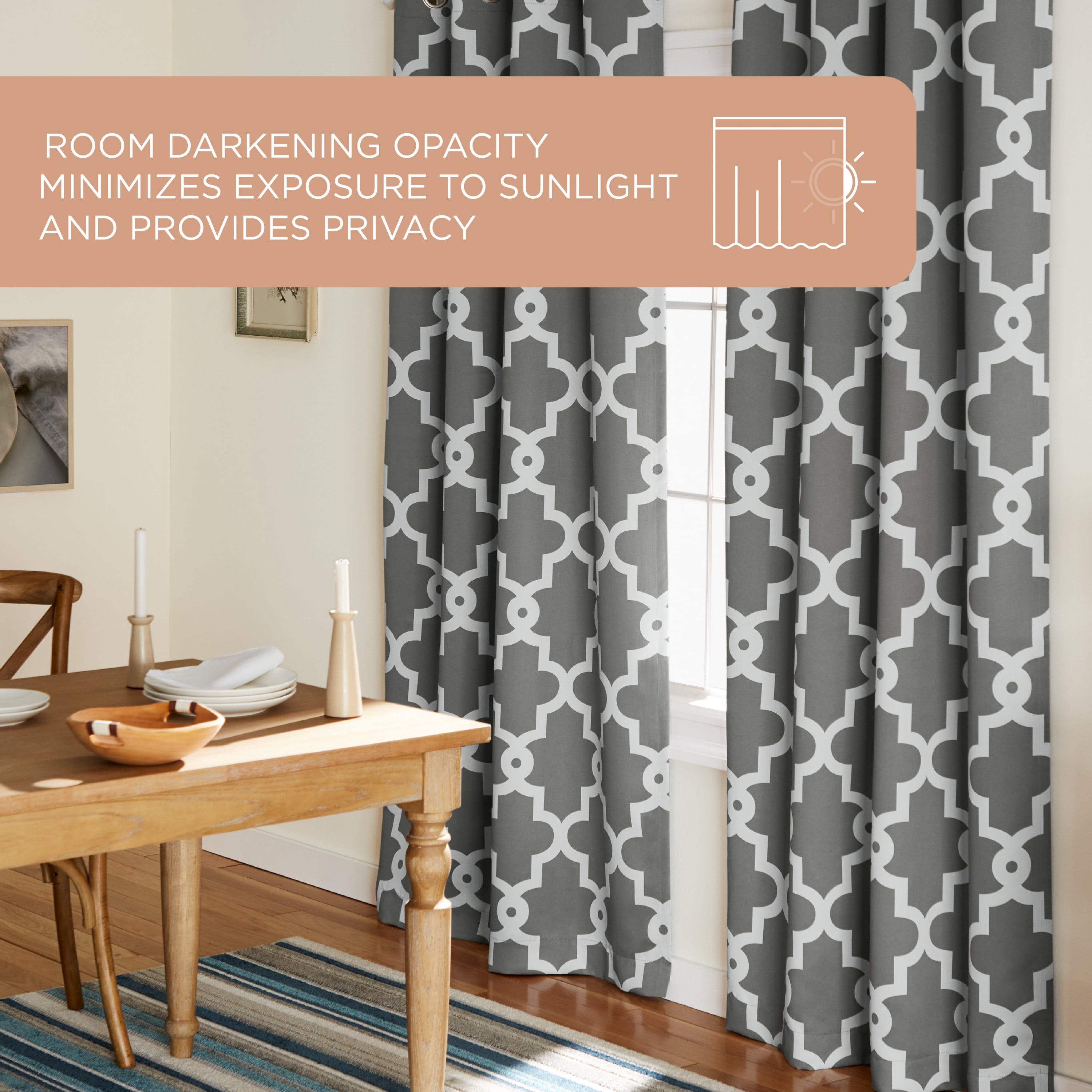 TOWN & COUNTRY EVERYDAY Ironwork Geo Trellis Sateen Indoor Curtains, Room Darkening Blackout, Grommet Top, Energy Efficient, 2-Pack Set, 52"x84", Black Pearl
