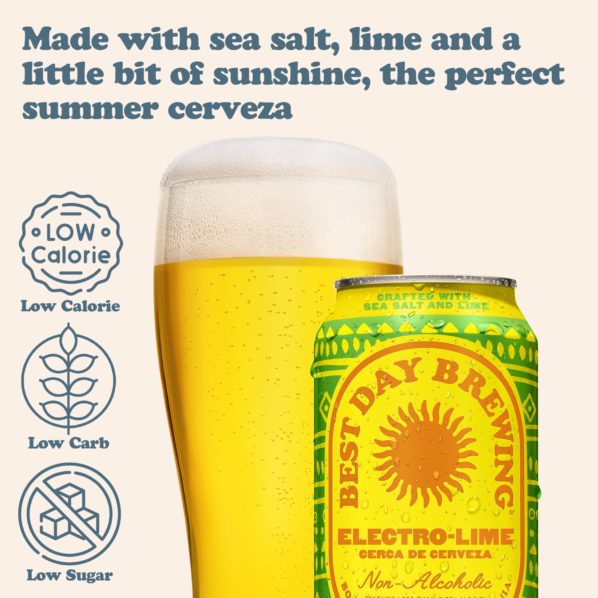 Best Day Brewing Non-Alcoholic Beer, Electro-Lime, 12 fl oz Cans, Pack of 12, < 0.5% ABV