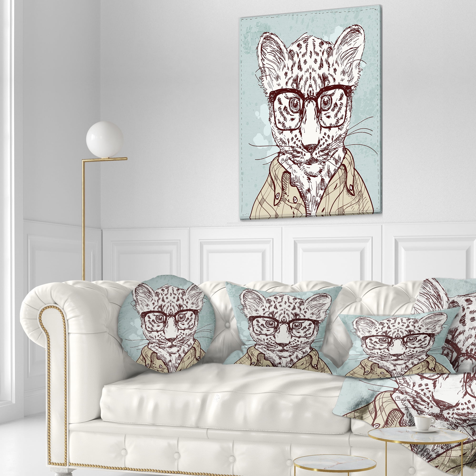 Designart Hipster Leopard with Glasses - Animal Throw Pillow - 12x20