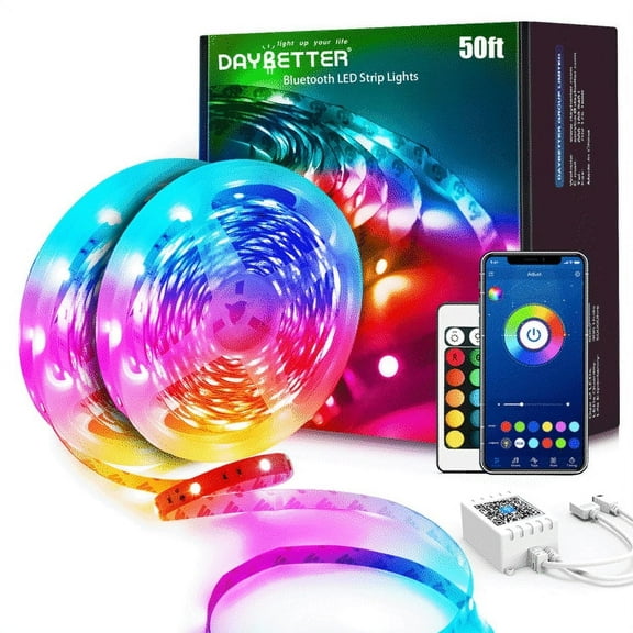DAYBETTER 50ft LED Strip Lights,Color Changing Music Sync with Remote Control,Timer Schedule,Led Lights for Room,Bedroom(APP Remote Mic)