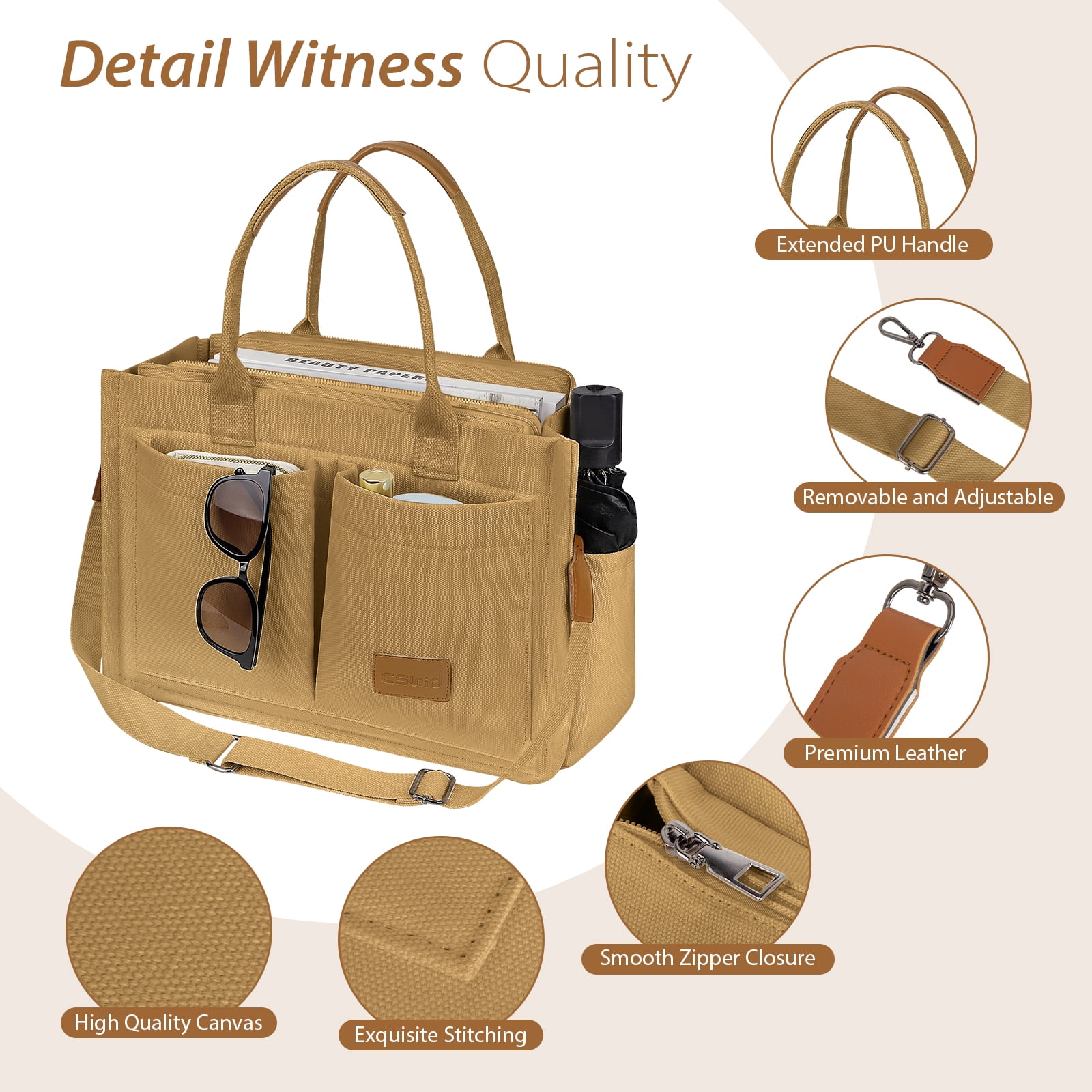 Cshidworld Canvas Tote Bag for Women With Side Pockets, Laptop Work Crossbody Everyday Satchel, Purses Shoulder Tote Bag Everyday Satchel Handbags Messenger for Travel Nurse College Gift, Brown