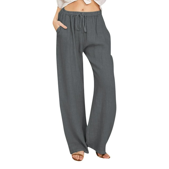 WEIYLL Summer Pants for Women Wide Waist Long Drawstring Linen Elastic Leg Solid Grey Pant size L