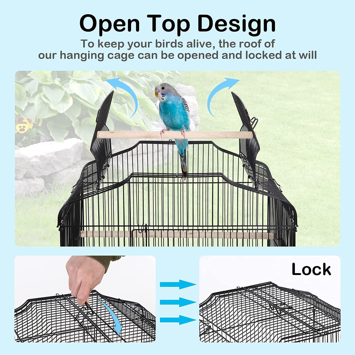 NiamVelo 64-inch Metal Bird Cage with Rolling Stand & Bottom Tray, Pet Storage Shelf Parrot Cage with Open Play Top for Lovebirds & Parakeets, Black