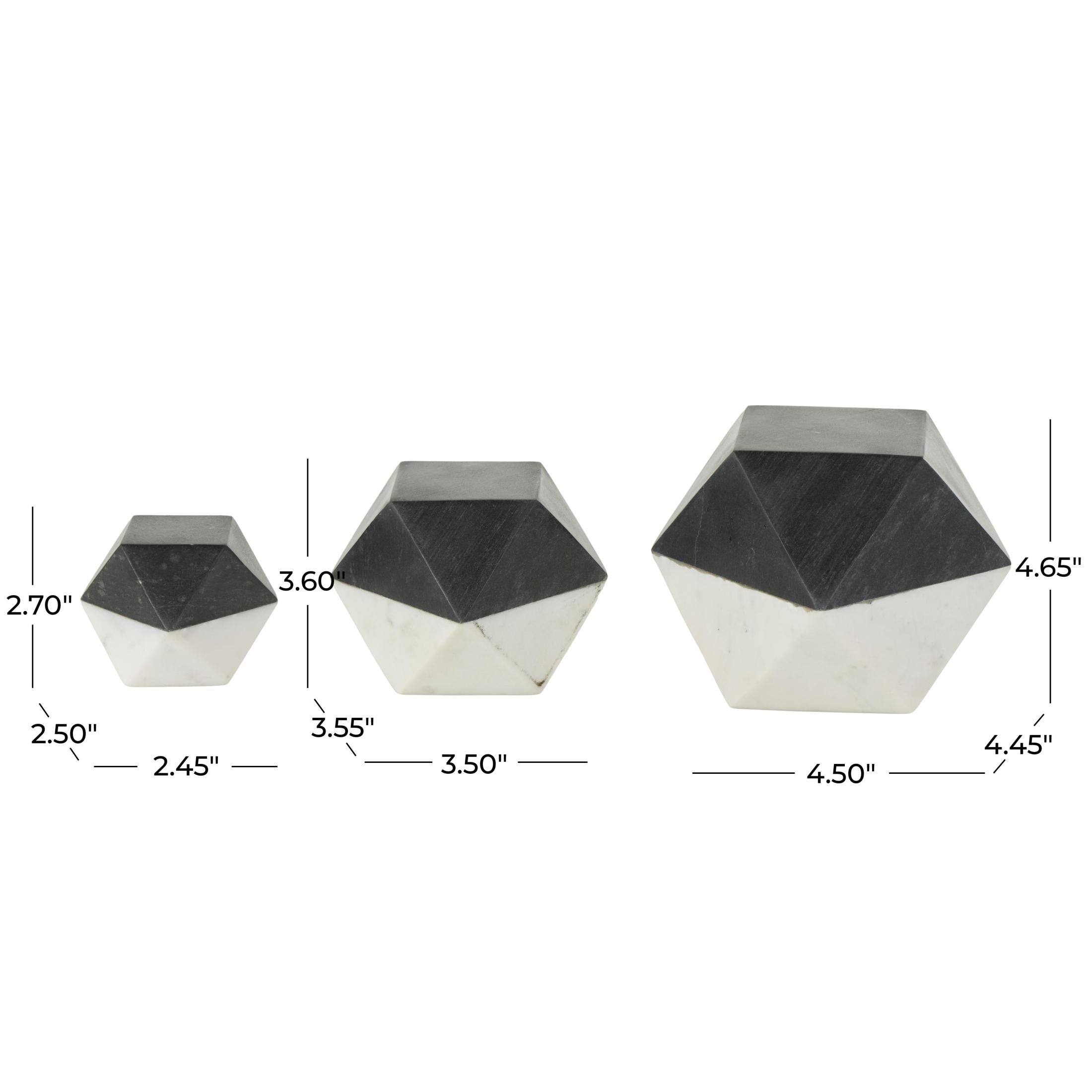 5", 4", 3"H Black Marble Cube Two-Toned Hexagon Geometric Sculpture with White Accent, by DecMode (3 Count)