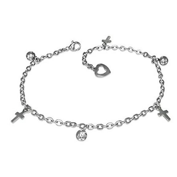 Stainless Steel Silver-Tone Religious Cross Anklet Bracelet