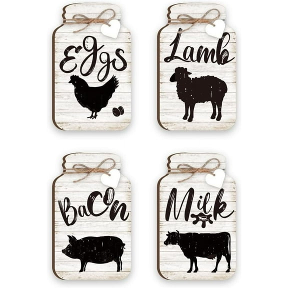 4 Pcs Kitchen Wall Decor Mason Jar Set Egg Lamb Bacon Milk Kitchen Wooden Hanging Signs Chicken Sheep Pig Cow Kitchen Home Art Decor for Dining Room Kitchen Decor 3.5x5.9inch(9x15cm)