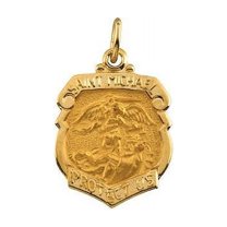 Saint Michael Badge Religious Medal - 14k Yellow Gold- 3/4 Inch X 1 Inch